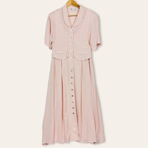 Vintage Gingham Plaid Button Down Cottagecore Short Sleeve Maxi Dress Pink 12